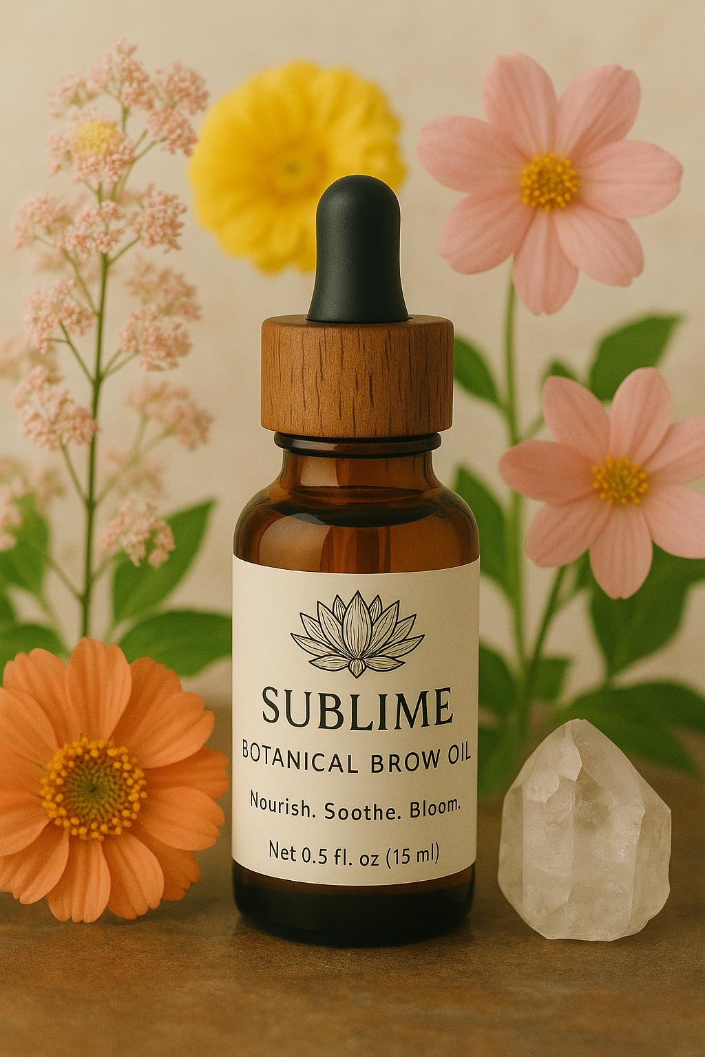 Bottle of Sublime Botanical Brow Oil with flowers and a crystal on a wooden surface