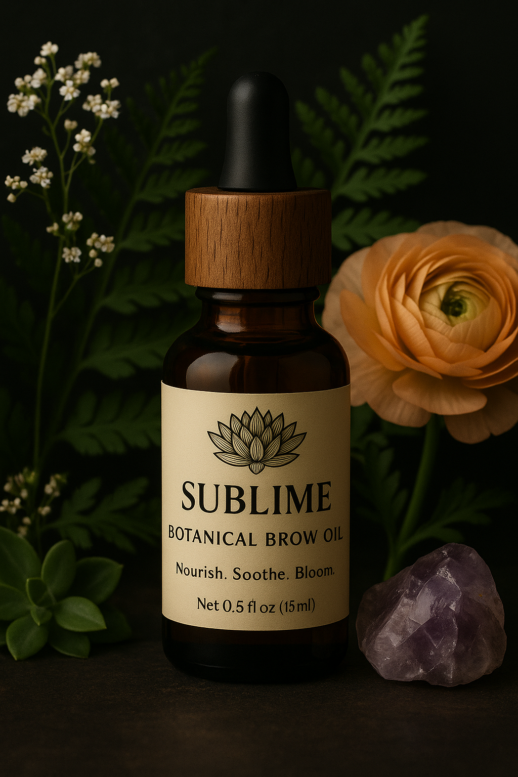 Bottle of Sublime Botanical Brow Oil with flowers and a crystal on a dark background
