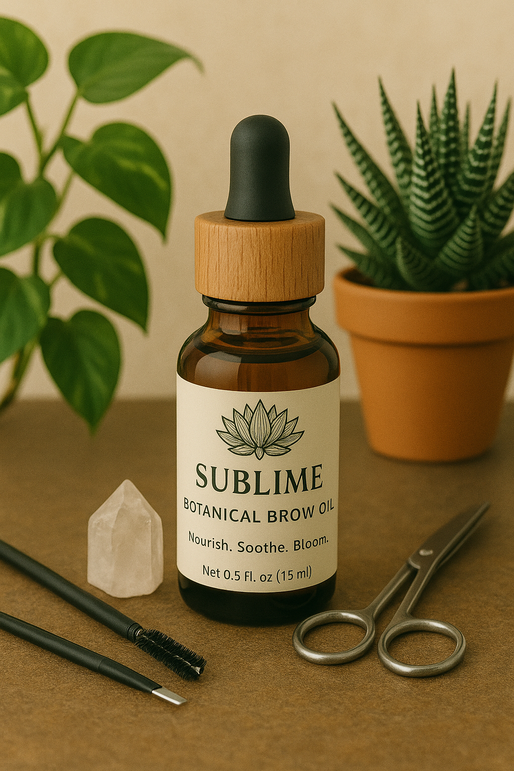 Bottle of Sublime Botanical Brow Oil with a dropper on a brown surface with plants in the background.